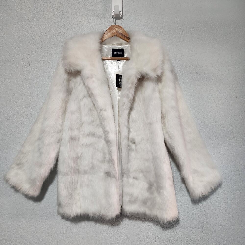Express Women White Faux Fur Coat Jacket Open Front Large NTW Glam